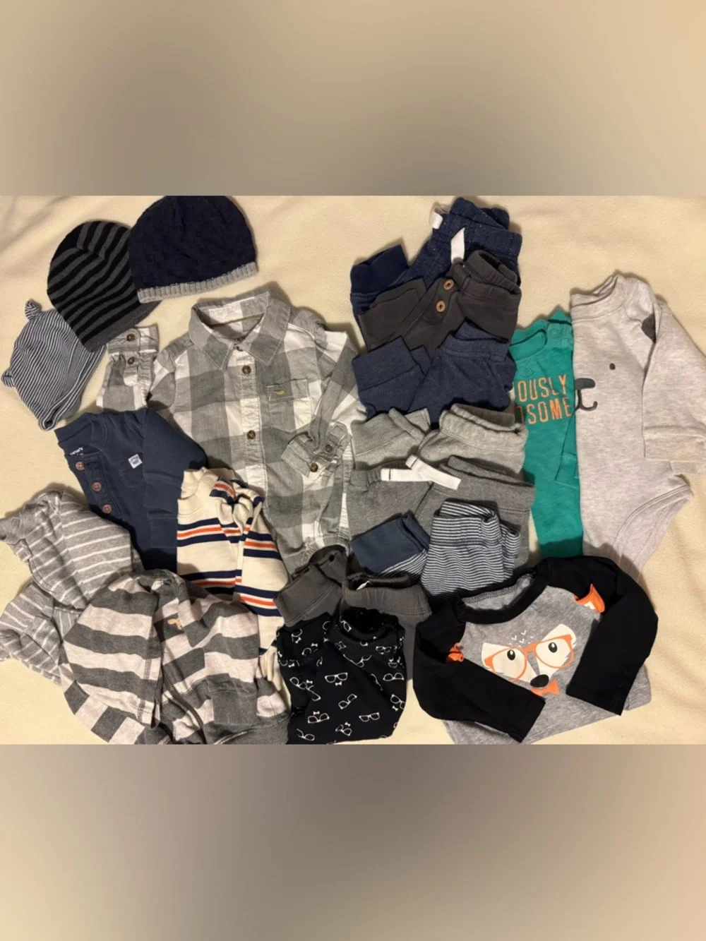 16 pcs Baby Boy Clothes Fox Raccoon Puppy Stripes Plaid 6m Grey White Blue Red